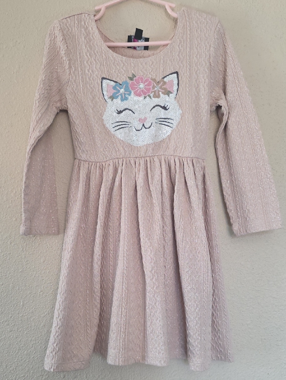 Girls' Pink Sequin Cat Knit Dress